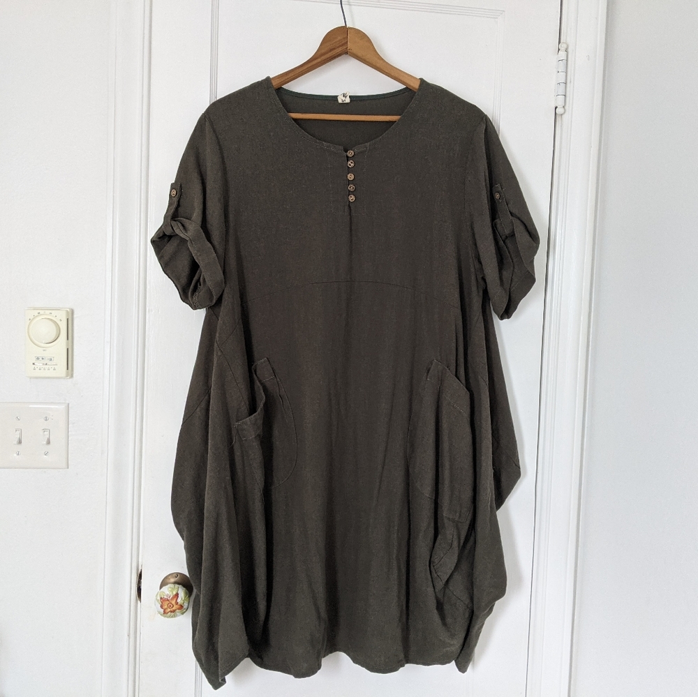 Mordenmiss green linen dress with buttons